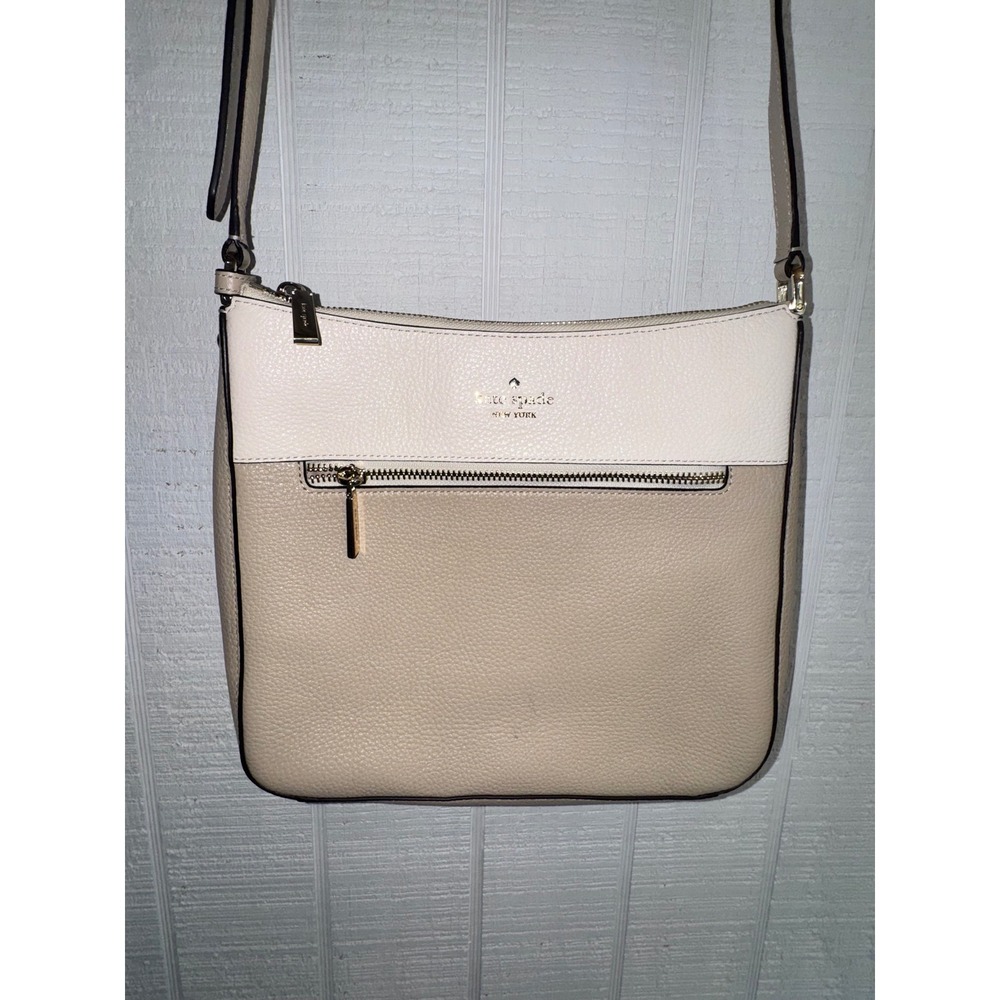 Kate Spade Crossbody Bag Women Beige Cream Colorblock Pebbled Leather Small